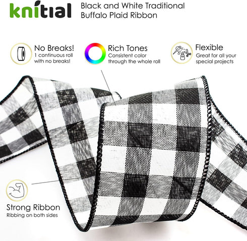 Wired Traditional Buffalo Plaid Ribbon 2-1/2 inches x 25 Yard Buffalo Check Black and White Ribbon for Gift Wrapping, Crafts, and Decorations...
