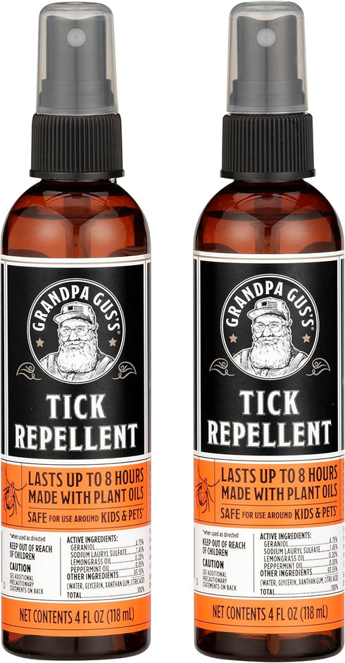 Grandpa Gus's Natural Tick Repellent Spray, Up to 8 Hours Time-Release Plant-Based Actives, Non-Greasy, No Stains, No DEET, 4 oz (Pack of 2)...