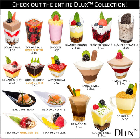 DLux 28 x 3 oz Mini Dessert Cups with Spoons, Slanted Triangle - Clear Plastic Parfait Appetizer Cup - Small Reusable Serving Bowl for Tasting Par...