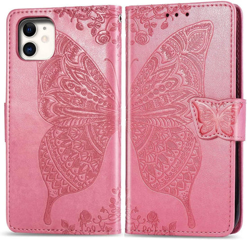 for iPhone 11 Wallet Case,Women Flip Folio Cover with Butterfly Embossed PU Leather Credit Card Holder Slots Magnetic Detachable Wrist Strap for i...