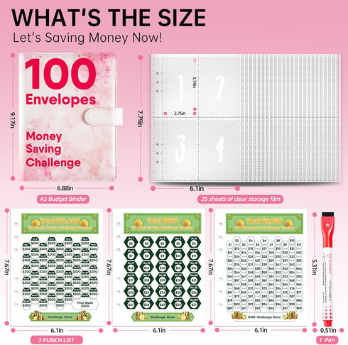 100 Envelopes Money Saving Challenge, A5 Money Saving Budget Binder Challenge Book with Cash Envelopes to Save $500, 5,050, and $10,400 (Pink)...