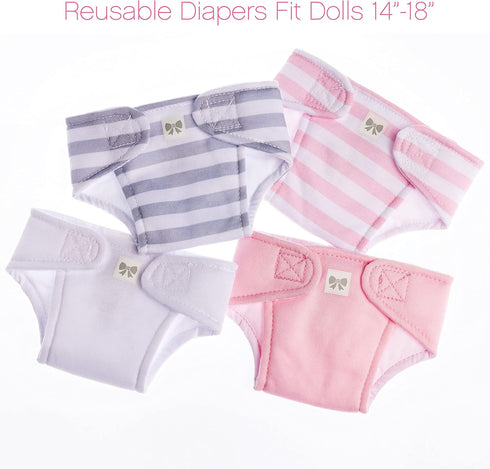JC Toys Baby Doll Washable and Reusable Eco Diapers 4 Pack Fits Dolls 14 to 18 inch in Pink/White/Grey...