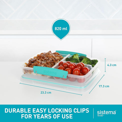 Sistema To Go Multi Split Meal & Food Container with Dividers & Clips | 820ml | BPA-Free | 1 Food Storage Container, Color May Vary...