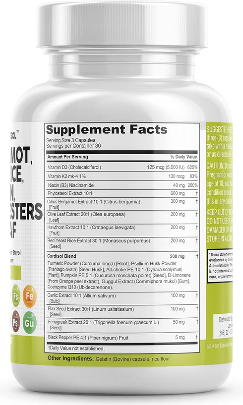 Clean Nutraceuticals Citrus Bergamot 3000mg Red Yeast Rice 6000mg Capsules with Plant Sterols 6000mg - with Hawthorn Extract Olive Leaf Niacin Vit...