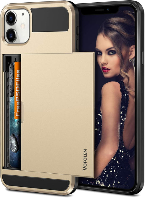 Vofolen Compatible with iPhone 12 Case 5G Wallet Cover Credit Card Holder Slot Sliding Back Pocket Anti-Scratch Dual Layer Protective Compatible w...