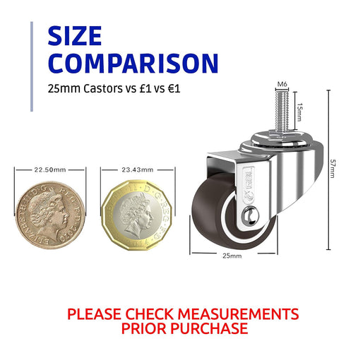 GBL 1" inch Small Caster Wheels with 2 Brakes + Screws M6x15mm - 90Lbs - Low Profile Castor Wheels with Brakes - Set of 4 No Floor Marks Silent Ca...