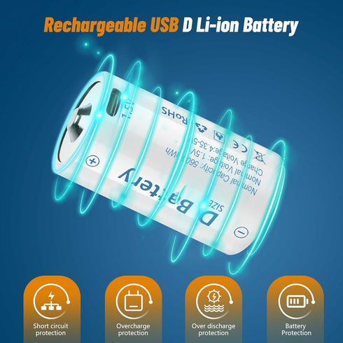 Rechargeable Lithium D Batteries with 4 in 1 USB-C Charging Cable,1.5V D Size Cell Battery 5600mWh for Flashlight (2 Pack)...