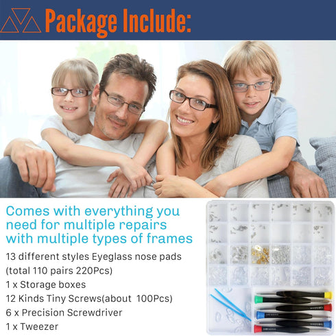Eyeglass Repair Kit with 220PCS Nose Pads, 6PCS Precision Screwdriver Set, 100 Screws & Tweezers - Professional Glasses Repair Tools for Eyeglasse...