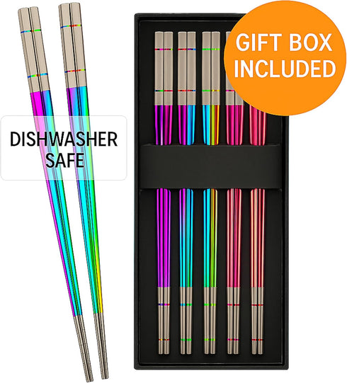 Reusable Chopsticks - Extra Long 9" - 5 Pairs per Pack - Made of Food-Safe Stainless Steel - Holographic Design - Asian Dining Utensils for Home K...