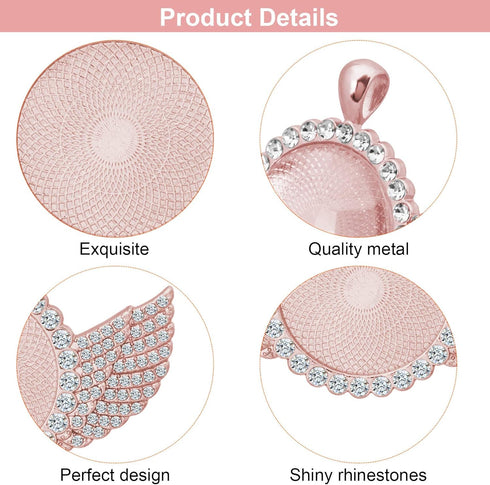 OIIKI 9pcs Rhinestone Wing Shape Bezel Pendant Trays with Round Glass Cabochons and Lobster Clasps Chains Set, Wing Rhinestone Tray for DIY Jewelr...