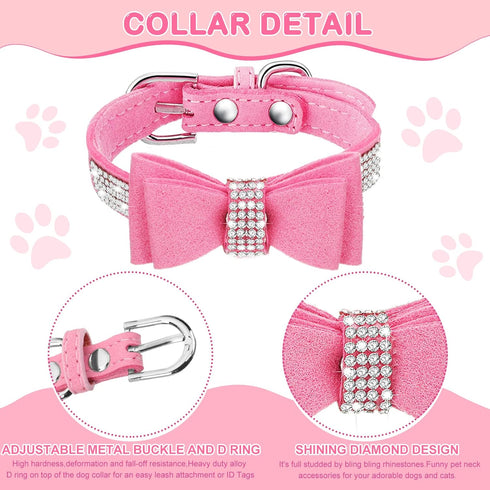 9 Pieces Pink Rhinestones Dog Collar PU Leather Girl Puppy Collars Bling Crystal Cat Dog Collar with Bow Bone Heart Flower for Pets Dogs Cats Coll...