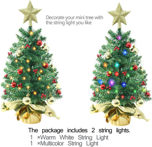 24 Inch Tabletop Mini Christmas Tree, Miniature Pine Christmas Tree with Hanging Ornaments, Battery Operated Artificial Xmas Tree, Best DIY Christ...