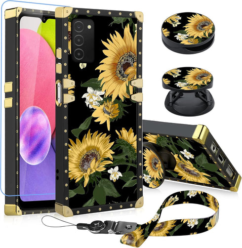 KANGHAR Designed for Samsung Galaxy A03S 5G Case Sunflower with Screen Protector Lanyard Strap Ring Holder Kickstand for Women Girls Flower Floral...