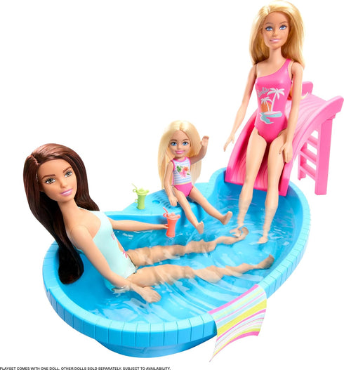 Barbie Doll & Pool Playset, Brunette in Seafoam Blue One-Piece Swimsuit with Pool, Slide, Towel & Drink Accessories...