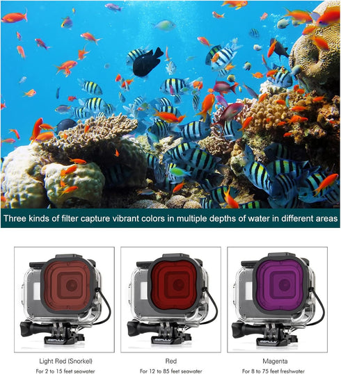 Waterproof Case for GoPro Hero 8 Black with 4-Pack Dive Filter, 60M Underwater Diving Housing Case with Red, Light Red, Magenta, Close-up Filters ...