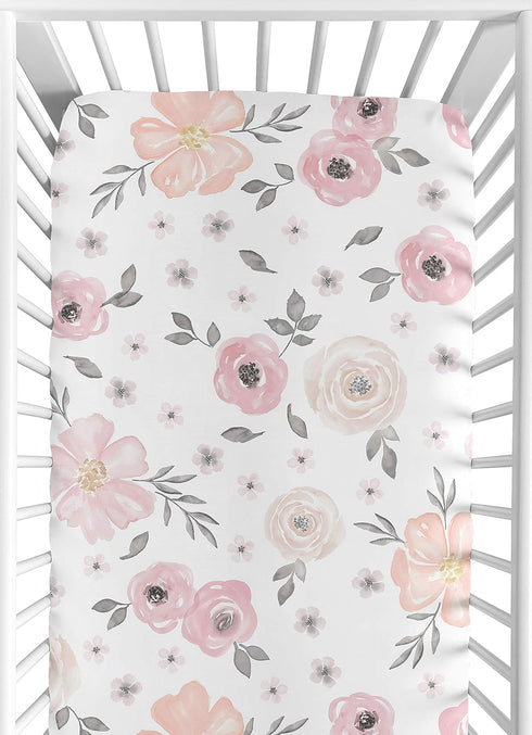 Sweet Jojo Designs Fitted Baby Crib Sheets (Pink/Grey Boho Floral) for Girls, Infant Nursery, Toddler Room - Standard Size (Blush, Rose, Gray, Flo...