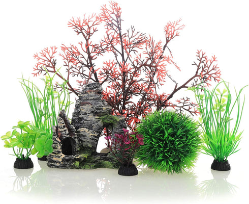 JIH Aquarium Fish Tank Plastic Plants and Cave Rock Decorations Decor Set 7 Pieces, Small and Large Artificial Fish Tank Plants with Cave Rock (CU...