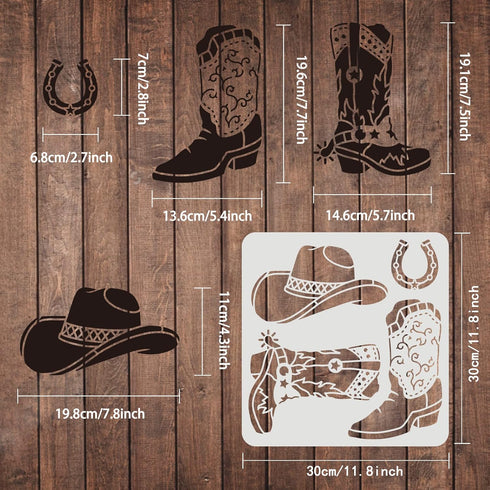 FINGERINSPIRE Cowboy Boots and Hat Stencil 11.8x11.8inch Reusable Cowboy Stencils Western Cowboy Stencils for Painting on Wood, Tile, Paper, Fabri...