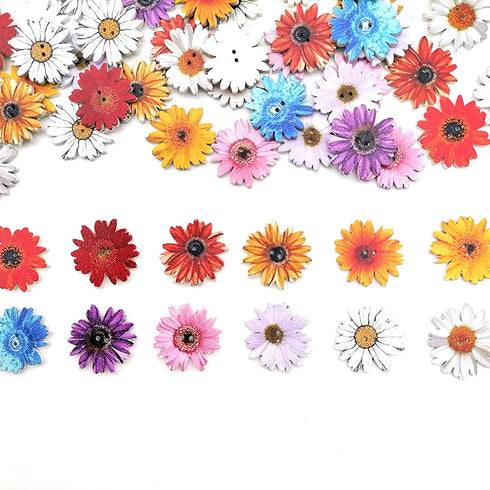 100Pcs Wood Daisy Buttons Painted Wooden Flower Buttons for Crafts Sunflower Wood Buttons 2 Holes Flatback Flower shaped Buttons...