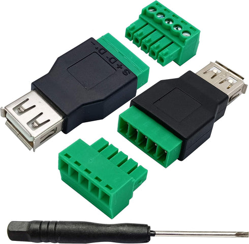 USB 2.0 A Screw Terminal Block Adapter USB 2.0 A Female to 5 Pin/Way Female Bolt Screw Shield terminals Pluggable Type Adapter Connector for Charg...