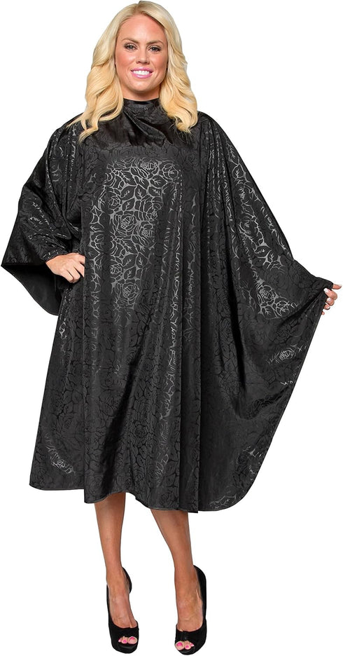 BLOOM CAPE Stylist Salon Cape Stain Bleach Water Resistant Silky Polyester Black on Black Etched Flower Print Snap Neck Closure...