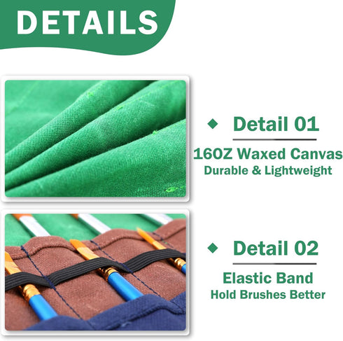 Paint Brush Roll Up Case, Heavy Duty 16oz Waxed Canvas Paintbrush Holder, 20 Pockets & Tie Rope Pencil Storage Roll - 17" W x 13" L - Green...