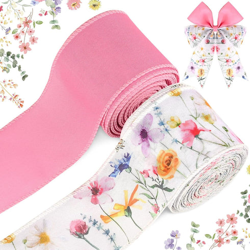 2 Rolls 20 Yards Floral Wired Edge Ribbon Green Leaves Spring Wildflowers Printed Burlap Ribbon for Gift Wrapping Bow Wreath Making for Birthday W...
