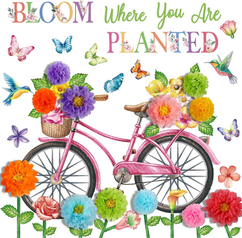 Flower Bulletin Board Decorations Set 3D Paper Flower Cutouts Summer Butterfly Bicycle Leaves Bird Wall Decals Springtime Bloom Where You are Plan...