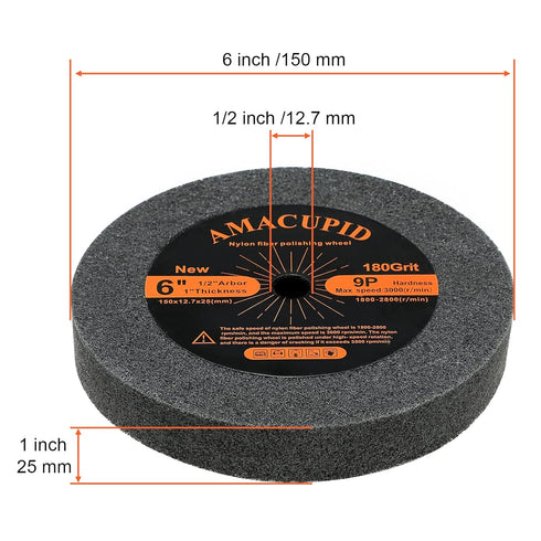 Deburring Wheel, Nylon Fibre Buffing Wheels, 6 inch 9P Hardness. for Bench Grinder Buffing Machine Polishing Stainless Steel, etc.. 180 Grit, 1/2 ...