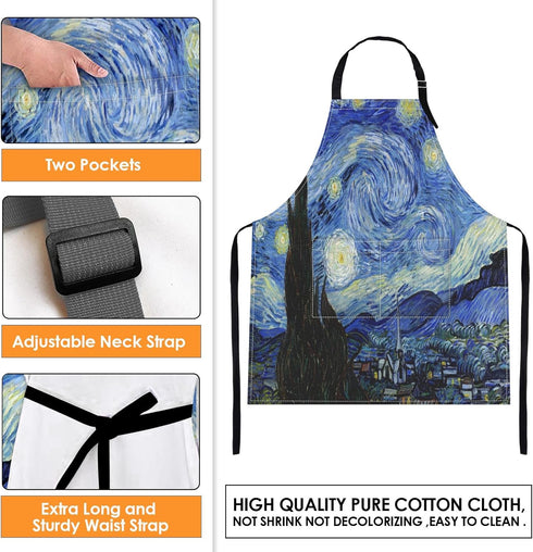 Britimes Apron Home Kitchen Cooking Baking Gardening for Women Men With Pockets Starry Night Oil Painting 32x28 inch...