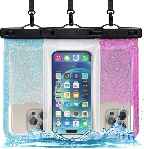 F-color Waterproof Phone Pouch - 3 Pack Shining Dazzling TPU Waterproof Phone Case with Lanyard - IPX8 Waterproof Cell Phone Dry Bag Fit iPhone 15...