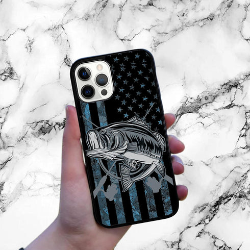 Camo American Flag Bass Fishing Gift Love Fishing Fisherman Case - Compatible with iPhone 14 Pro - Durable Non-Slip TPU Rubber Shockproof Slim Cas...
