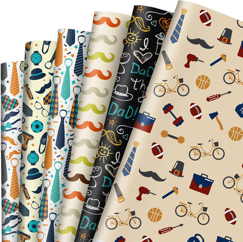 Whaline 12 Sheet Father's Day Wrapping Paper Necktie Mustaches Watch Print Wrapping Paper I Love You Dad Art Packaging Paper for Fathers Birthday ...