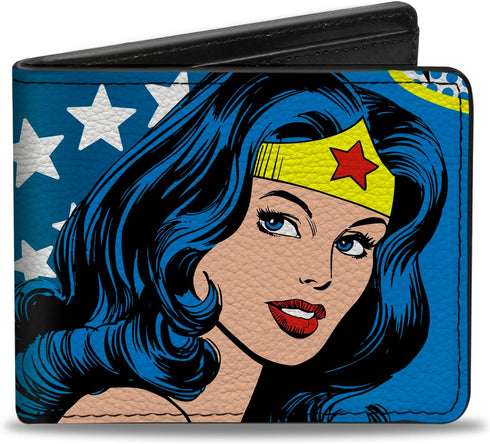 Buckle-Down Men's PU Bifold Wallet-Wonder Woman Stars/Face Halftone Blues/Red/Yellow/White, Multicolor, 4.0" x 3.5"...