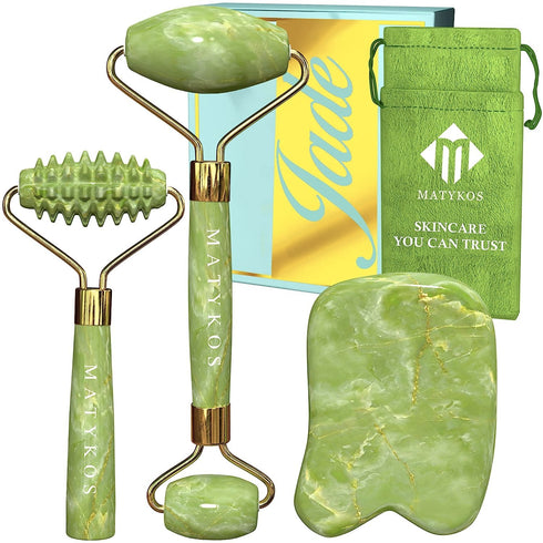 Jade Roller for Face and Gua Sha Set - 2 Anti-Aging Facial Rollers and Gua-Sha Facial Tool - Face and Body Massager for Your Skincare Routine - Ma...