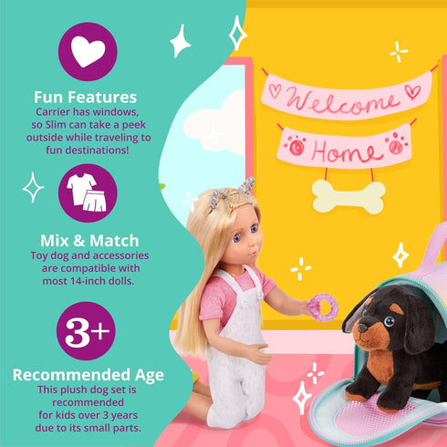 Glitter Girls – Stuffed Dog & Carrier – Doll Accessories – Teckel Puppy – Toys for Kids 3 Years+ – Slim & Pup Carrier Set...