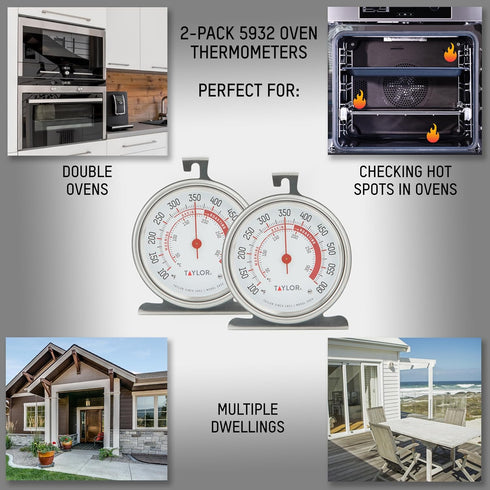 Taylor 5932 Large Dial Kitchen Cooking Oven Thermometer, 3.25 Inch Dial, Stainless Steel, Oven Thermometers, Silver - 2 PACK...