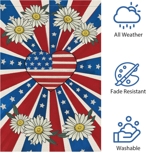 4th of July Garden Flag 12x18 Double Sided Burlap, Patriotic Memorial Day Heart USA Flag Spring Summer Daisy Garden Flags for Memorial Day Indepen...