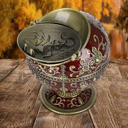 Windproof Ashtray with Flip Lid, Global Shaped Dragon Pattern Zinc Alloy Smoking Ash Tray for Home Office Crafts Decoration...