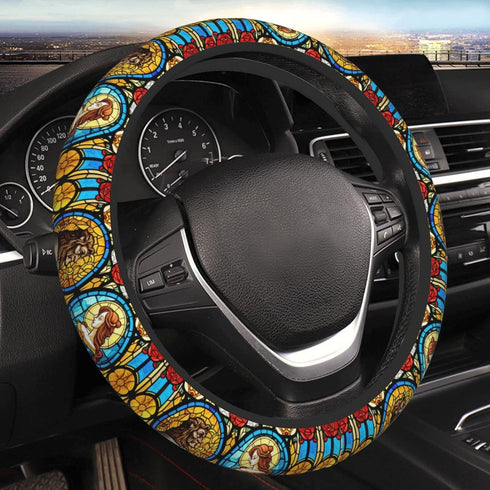 Beauty and Beast Fairytale Glass Elastic Steering Wheel Cover, Universal 15 Inch Suitable for Women, Non-Slip Car Accessories...