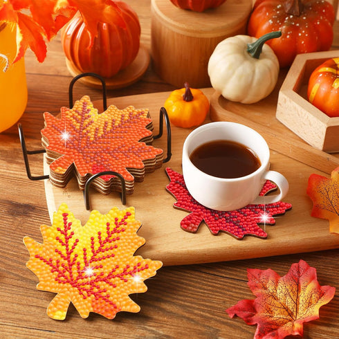Shellwei 8 Pcs Fall Diamond Art Coasters Maple Leaves Diamond Painting Coasters with Holder Thanksgiving Diamond Painting Kit Orange Autumn Diamon...