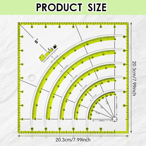 8 Inch Acrylic Fabric Ruler, Dual Purpose Measuring Arc Guide Cutting Square Ruler, Multifunctional Arcs Stripology Ruler for Quilting, Sewing, Cr...