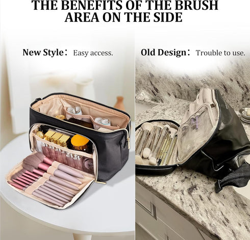 Small Makeup Organizer Bag PU Leather Makeup Bags - Portable Waterproof Travel Makeup Bag,Wide-open Cosmetics Organizer Case,Makeup Brush Travel P...