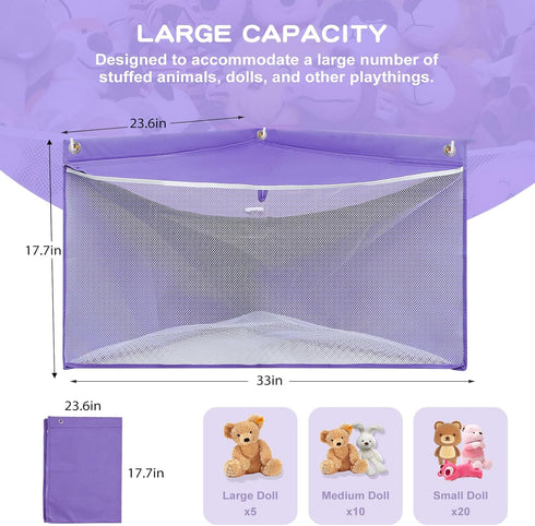 ANROYE Large Corner Stuffed Animal Storage, Kids Plushies Toy Purple Wall Hammock for Girls Room, Baby Squishmallow Holder for Nursery, Organizer ...