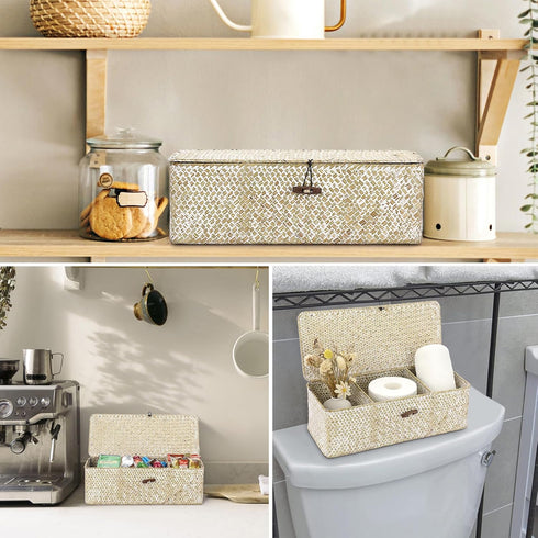 Hipiwe Seagrass Storage Basket Bin 3 Sections Hand-Woven Wicker Basket with Lid Bathroom Basket Toilet Tank Basket Holder for Organize Snack Tissu...