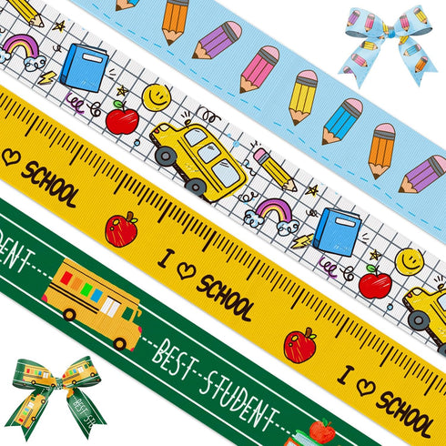 4 Rolls 20 Yards Back to School Ribbons, Best Student Grosgrain Ribbons Blue Green Yellow Ribbons Apple Pencil School Bus Gift Wrapping Ribbons fo...