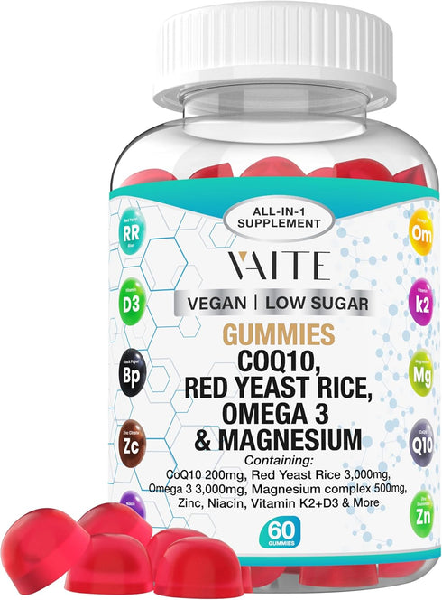 Coq10 Gummies Red Yeast Rice Magnesium Gummy Supplements Omega 3 Niacin Zinc Vitamin K2 D3 B3 - Heart Health Support Vitamins for Women and Men, A...
