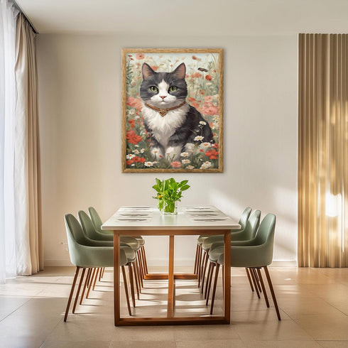 Posterizer 1 pcs- Black and white cat between red and white flowers-Art for Animal Lovers-Floral Botanical - Gift for Men Women Teens-decor for Be...