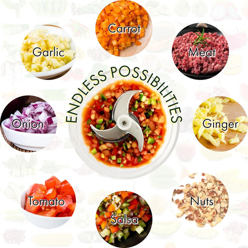 Electric Food Chopper Processor, 350ml / 11.8oz Capacity, Stainless Steel Blade for Garlic, Veggies, Onion, Nuts, Spices, Fruits - Cordless, Power...