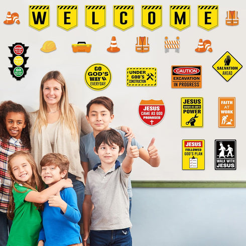 67 Pieces Christian Construction Classroom Decorations Religious Welcome Bulletin Boards Cutouts for Preschool Elementary School Motivational Scri...